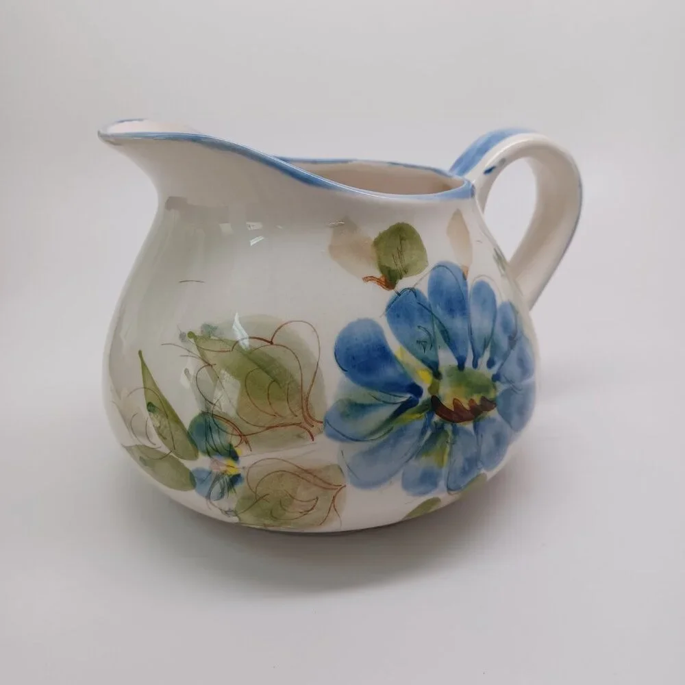 Blue Floral Pitcher Made In Portugal Secla Vintage Flower Leaf Print Wide Mouth‎